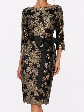 TADASHI SHOJI Sheer Black Gold Sequin Cocktail Sheath Dress Sz 4